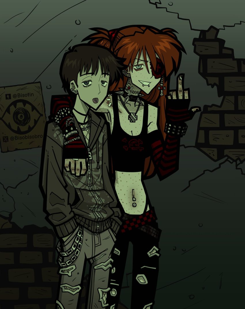 1boy, 1girl, absurdres, alternate_costume, arm_around_shoulder, arm_warmers, bags_under_eyes, belt