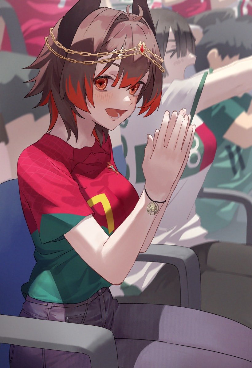 1girl, 2026_fifa_world_cup, brown_hair, colored_tips, cristiano_ronaldo, fifi_(vtuber), green_shirt, grey_pants