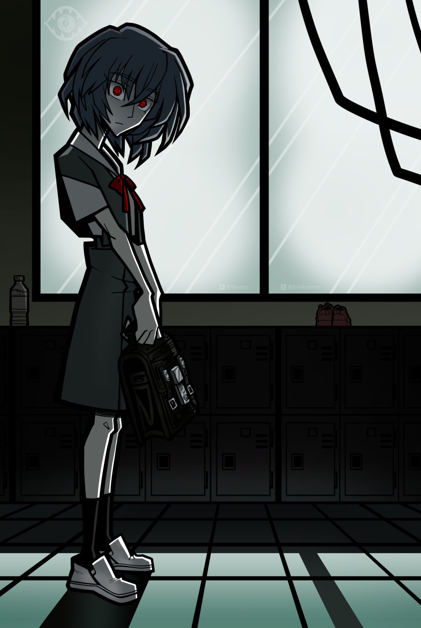 1girl, absurdres, ayanami_rei, bag, bisotin_(bisobisobro), black_bag, black_socks, blue_hair