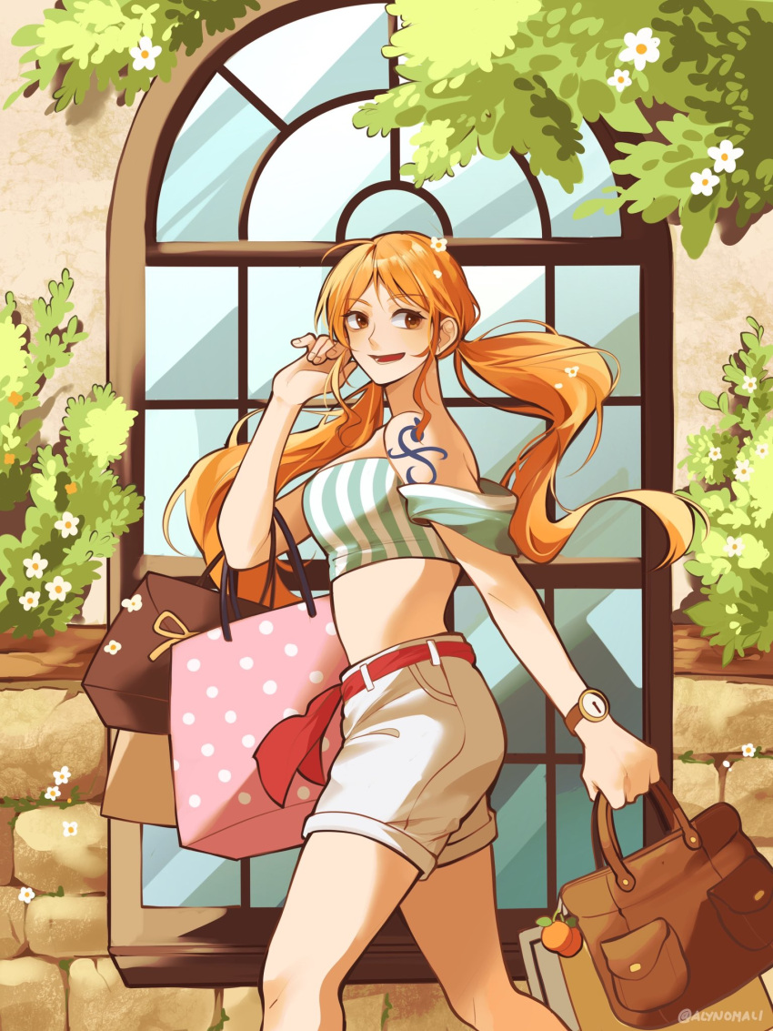 1girl, alynomali, bag, bare_shoulders, belt, belt_ribbon, branch, breasts