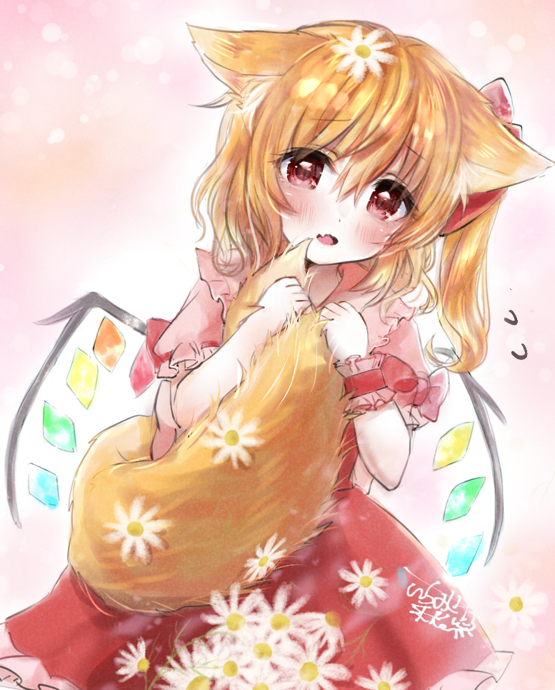 1girl, animal_ears, blonde_hair, blush, bow, chamomile, commentary_request, crystal