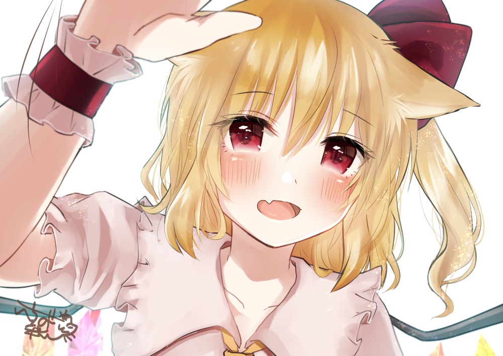 1girl, animal_ears, ascot, blonde_hair, blush, bow, cat_ears, cat_girl