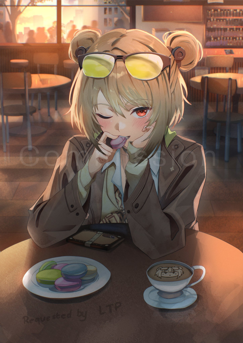 1girl, artist_name, blonde_hair, brown_jacket, cellphone, chair, coffee, commentary