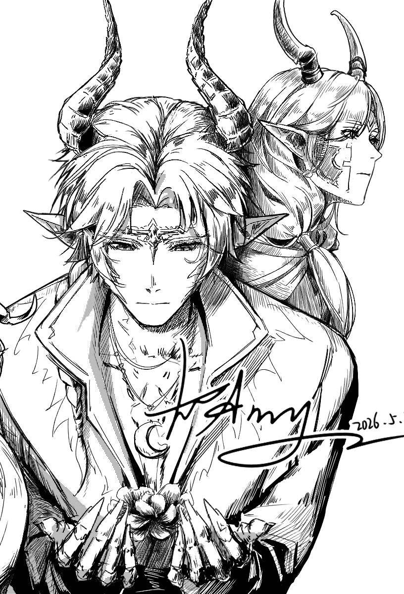 1boy, 1girl, braid, brother_and_sister, chinese_commentary, circlet, claws, clip_studio_paint_(medium), cloak, closed_mouth, collared_shirt, commentary_request, dated, downturned_eyes, dragon_boy, dragon_girl, dragon_horns, expressionless, facepaint, flower, greyscale, hair_over_shoulder, hair_tubes, highres, holding, holding_flower, hood, hood_down, hooded_cloak, horns, infinity_nikki, lairifangzhang532, lapels, long_hair, long_sleeves, looking_ahead, looking_at_flowers, medael_(infinity_nikki), meghill_(infinity_nikki), monochrome, nikki_(series), nostrils, notched_lapels, parksolian_(infinity_nikki), pointy_ears, shirt, siblings, signature, simple_background, single_braid, single_hair_tube, tunic, upper_body, white_background