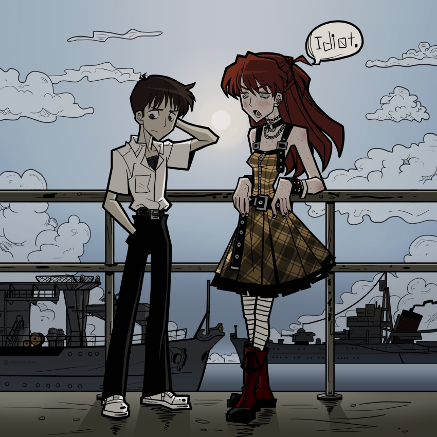1boy, 1girl, absurdres, adapted_costume, against_railing, arm_behind_head, averting_eyes, belt