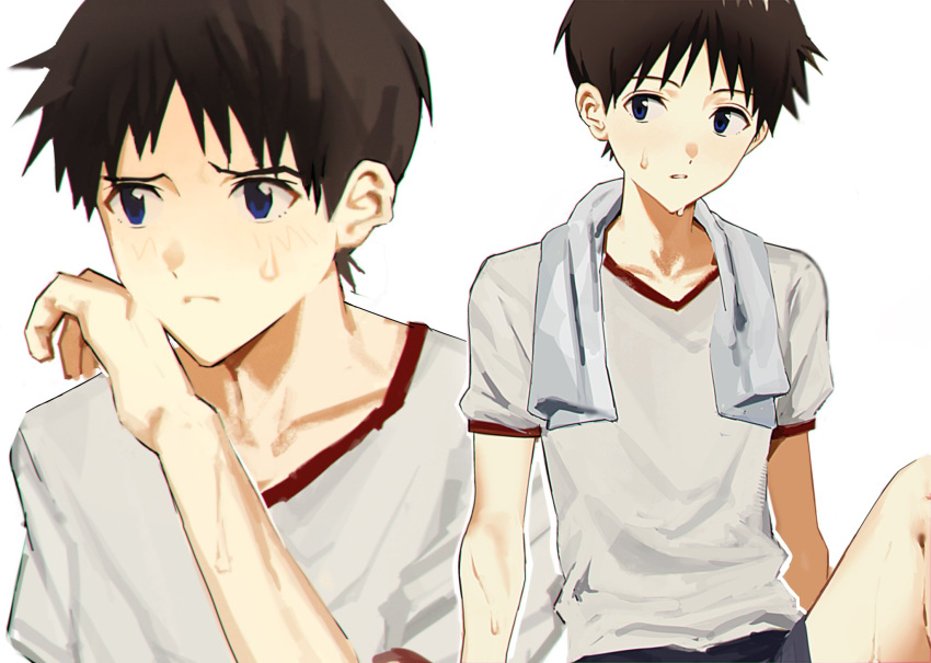 1boy, black_hair, blue_eyes, blush, closed_mouth, commentary_request, gym_shirt, gym_shorts