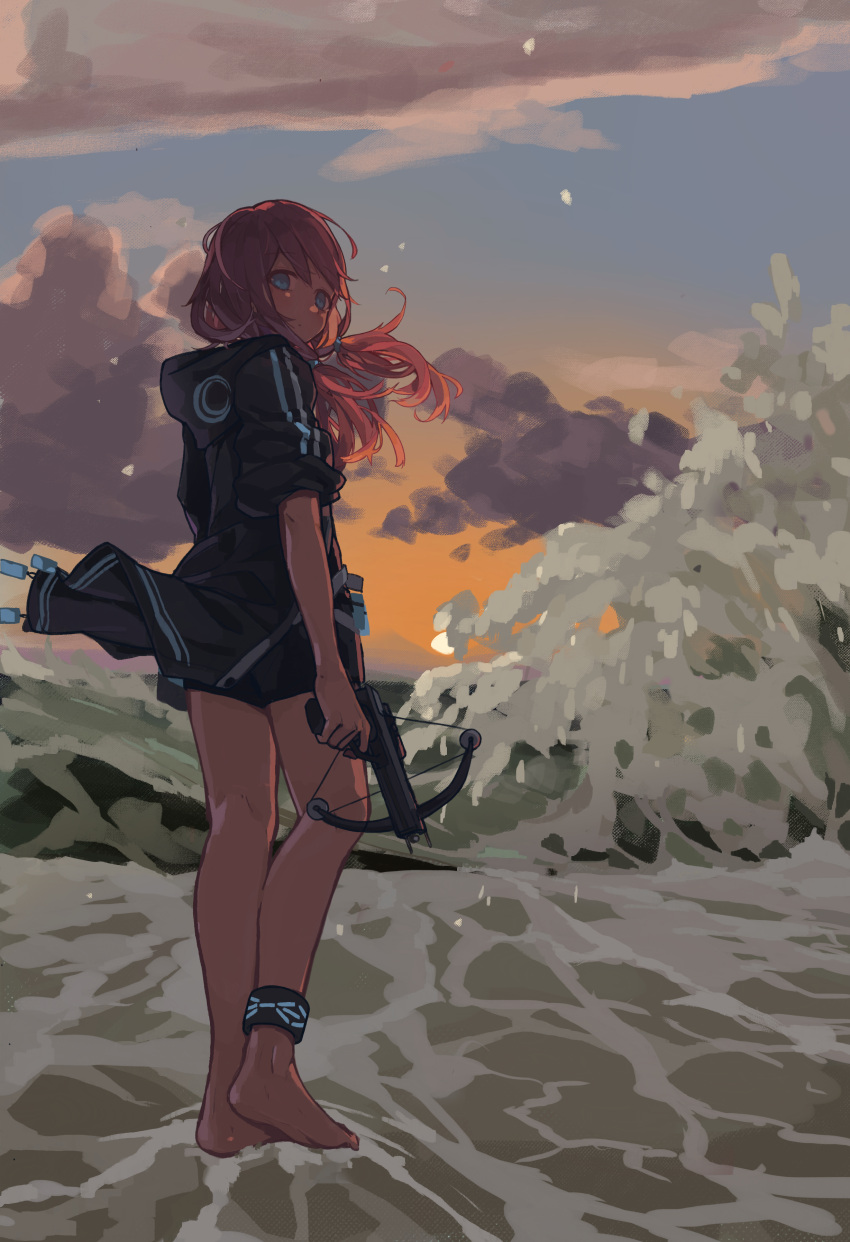 1girl, absurdres, arknights, barefoot, black_shorts, blue_eyes, blue_jacket, blue_poison_(arknights)