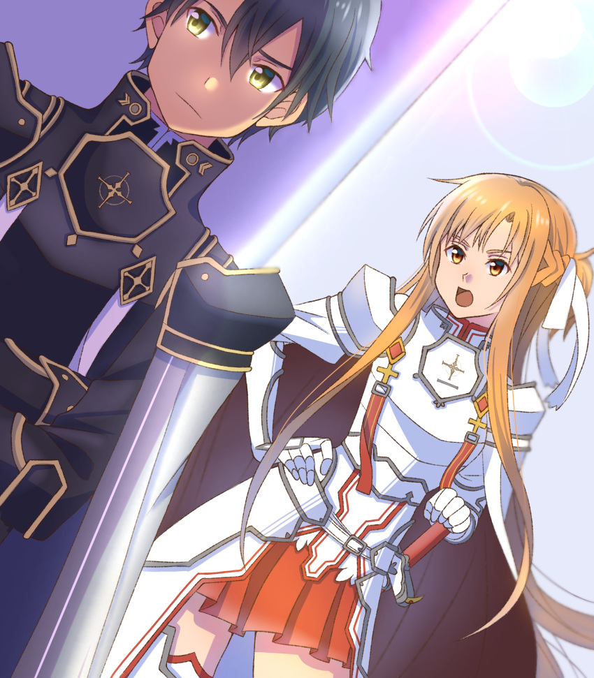 1boy, 1girl, alternate_costume, armor, asuna_(sao), asuna_(stacia)_(sao), averting_eyes, black_armor