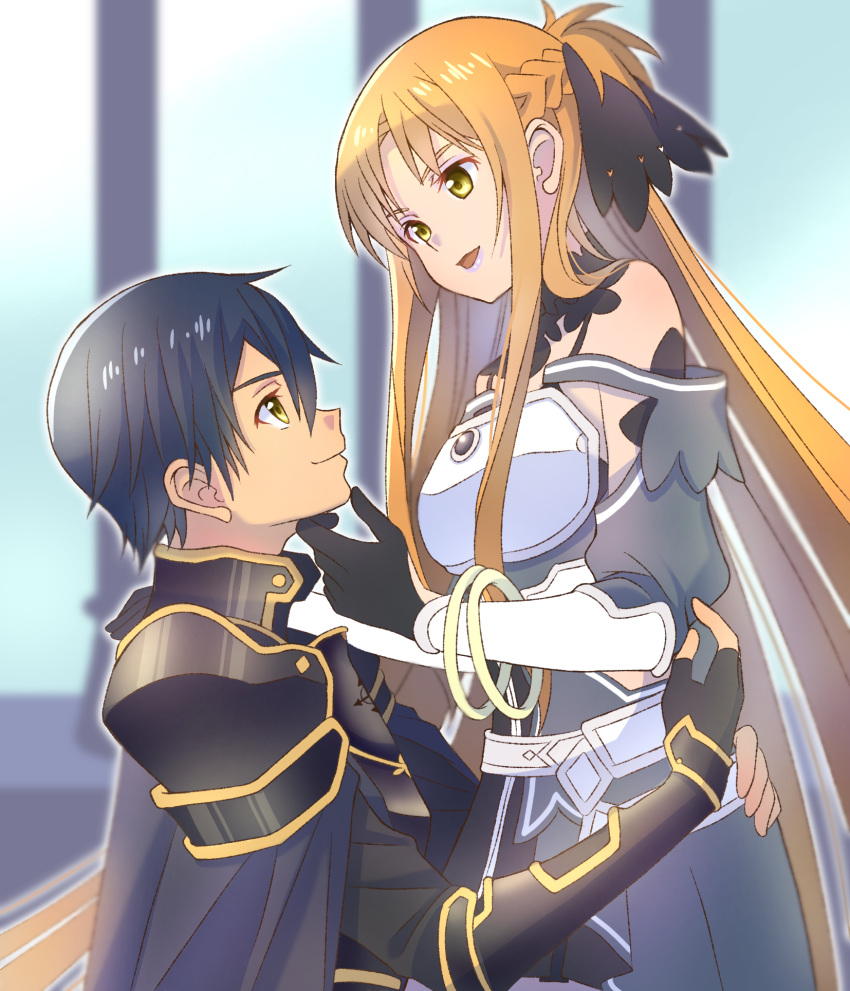 1boy, 1girl, alternate_color, alternate_costume, alternate_eye_color, armor, artist_name, asuna_(sao)