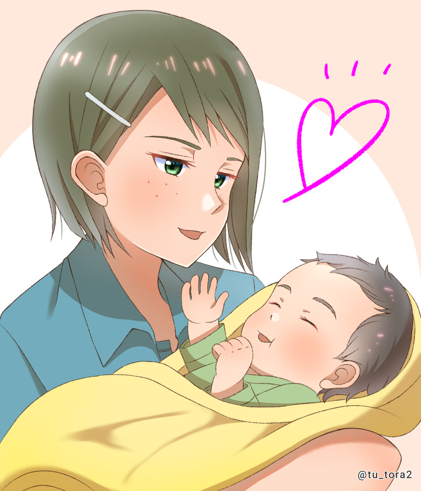 1boy, 1girl, :d, artist_name, baby, blue_shirt, blush, brown_hair