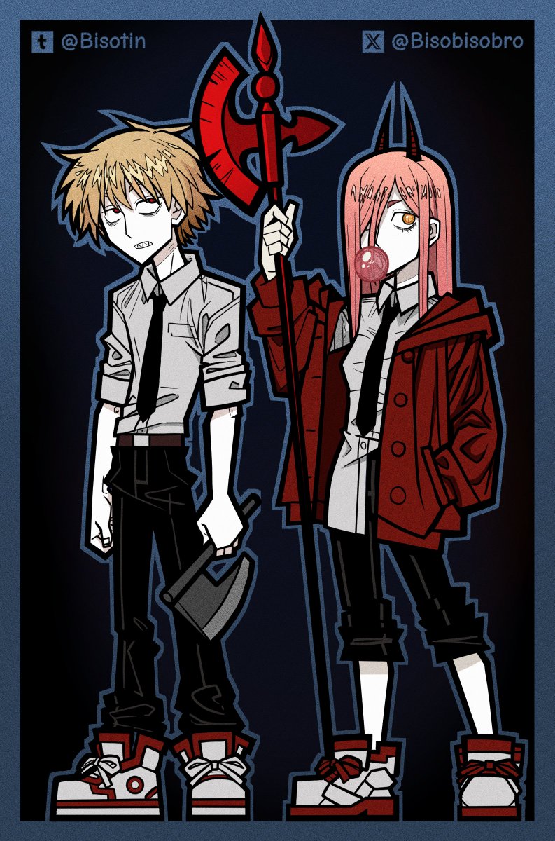 1boy, 1girl, axe, belt, belt_buckle, bisotin_(bisobisobro), black_necktie, black_pants, blonde_hair, blowing_bubble_gum, brown_belt, buckle, chainsaw_man, chewing_gum, collared_shirt, cross-shaped_pupils, demon_girl, demon_horns, denji_(chainsaw_man), hair_between_eyes, halberd, hand_in_pocket, highres, holding, holding_axe, horns, jacket, long_hair, long_sleeves, looking_at_object, looking_to_the_side, necktie, open_clothes, open_jacket, pants, pants_rolled_up, pink_hair, polearm, power_(chainsaw_man), red_eyes, red_horns, red_jacket, sharp_teeth, shirt, shirt_partially_tucked_in, shirt_tucked_in, shoes, short_hair, simple_background, sleeves_rolled_up, sneakers, symbol-shaped_pupils, teeth, weapon, white_shirt, white_shoes, yellow_eyes