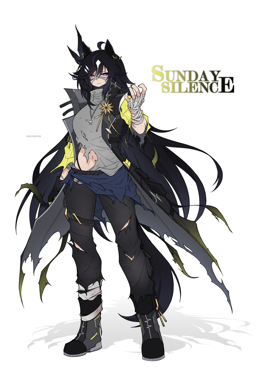 absurdres, ahoge, animal_ears, bandages, black_hair, commentary, ear_tag, earrings