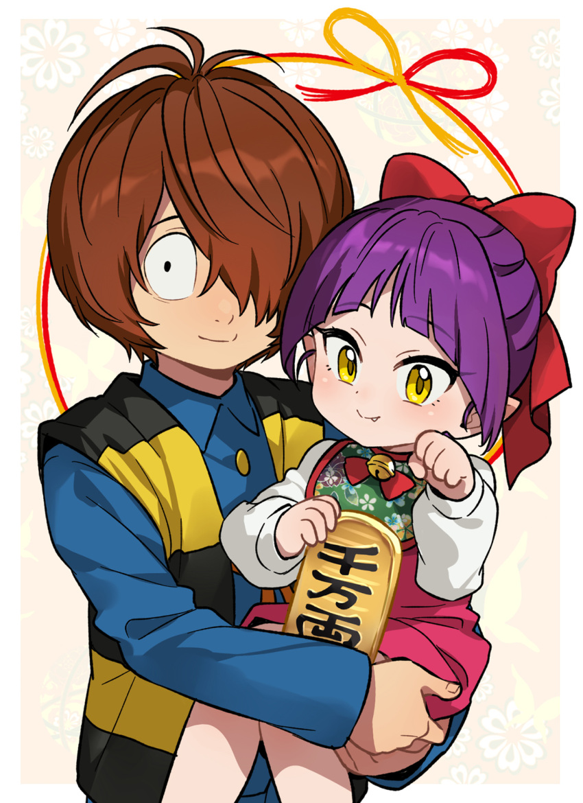 1boy, 1girl, bell, black_eyes, blue_shirt, bow, brown_hair, carrying