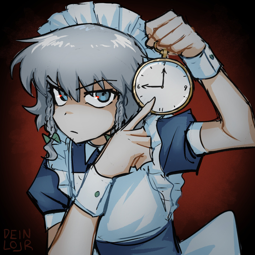 1girl, absurdres, apron, blue_eyes, bow, braid, clock, commentary