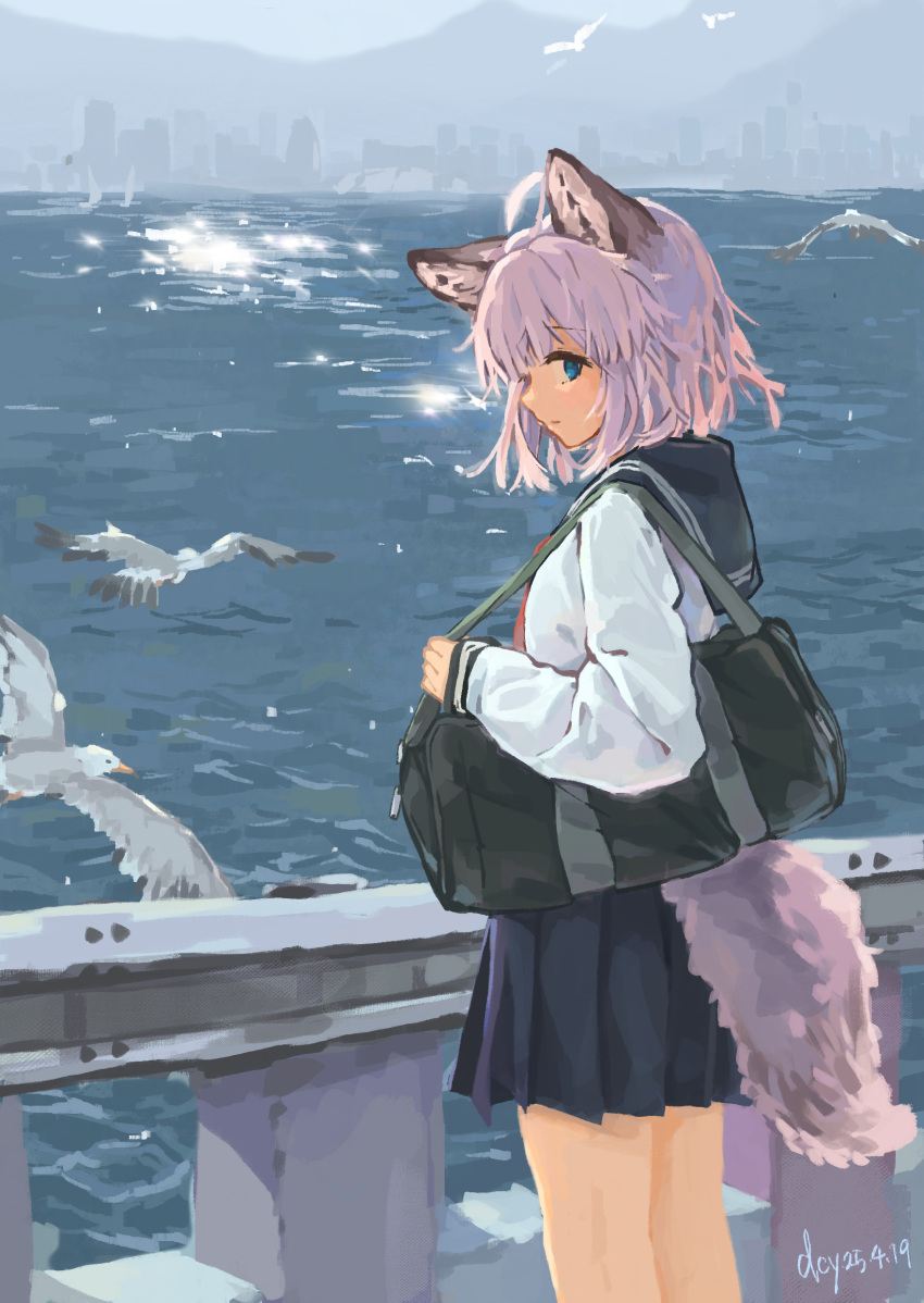 1girl, absurdres, animal_ears, arknights, artist_name, bag, bird, blue_eyes