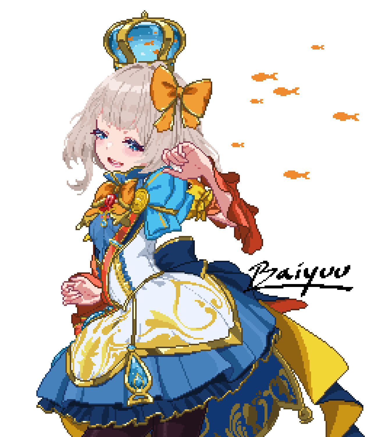 1girl, artist_name, baiyuu, black_thighhighs, blonde_hair, blue_crown, blue_dress, blue_eyes