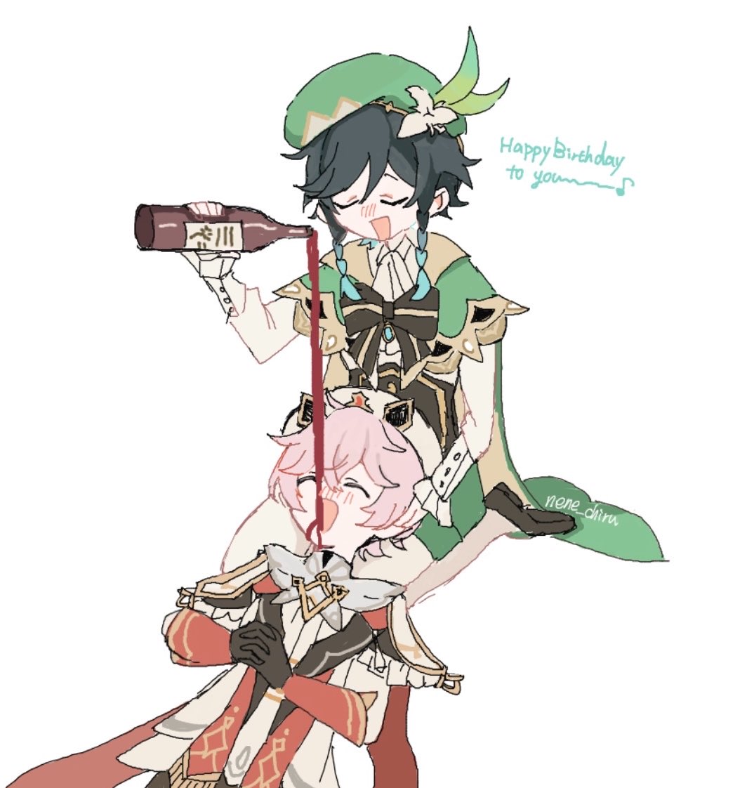 2boys, ^_^, alcohol, androgynous, artist_name, ascot, baggy_shorts, beret