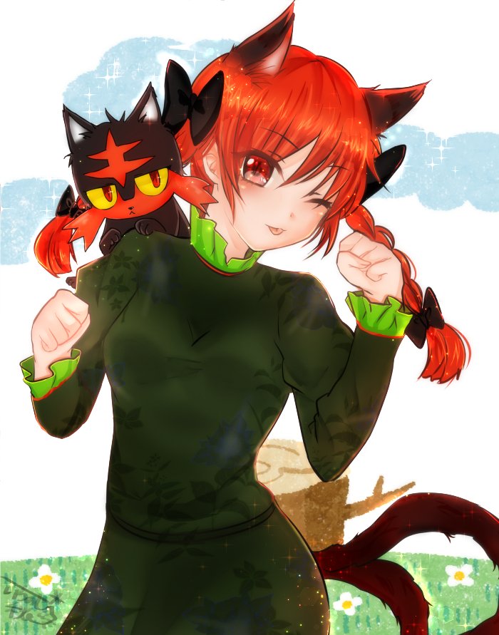 1girl, :p, ;p, animal_ears, black_bow, black_cat, bow, braid