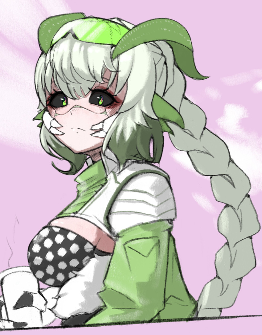 1girl, absurdres, antennae, arthropod_girl, black_sclera, braid, braided_ponytail, colored_sclera, colored_skin, green_eyes, green_hair, highres, indie_virtual_youtuber, juniper_actias, juniper_actias_(racing_queen), looking_at_viewer, monster_girl, moth_girl, sioell, solo, virtual_youtuber, white_hair