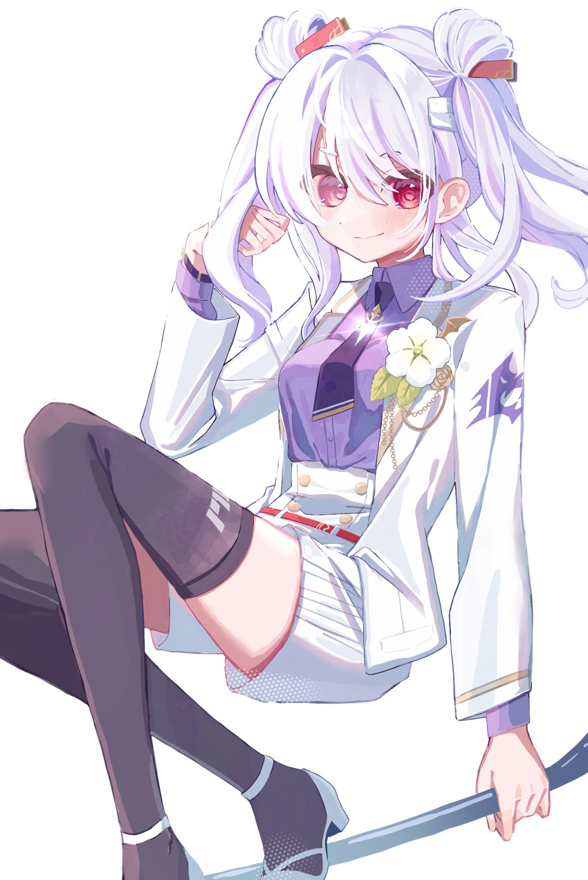 1girl, absurdres, adjusting_hair, black_thighhighs, blush, buttons, clenched_hand, closed_mouth