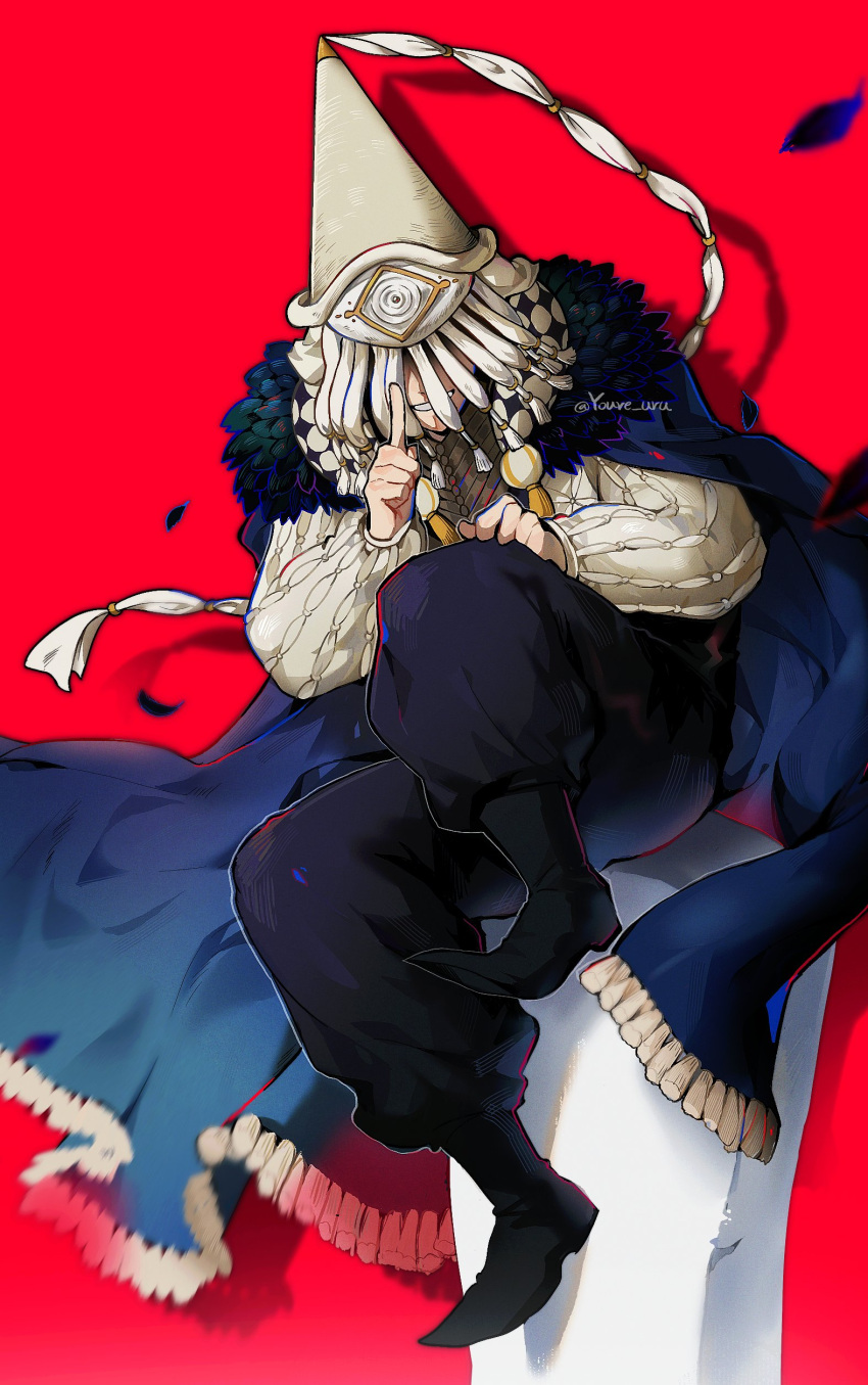 1other, absurdres, boots, cape, commentary, evil_smile, fur_trim, hat