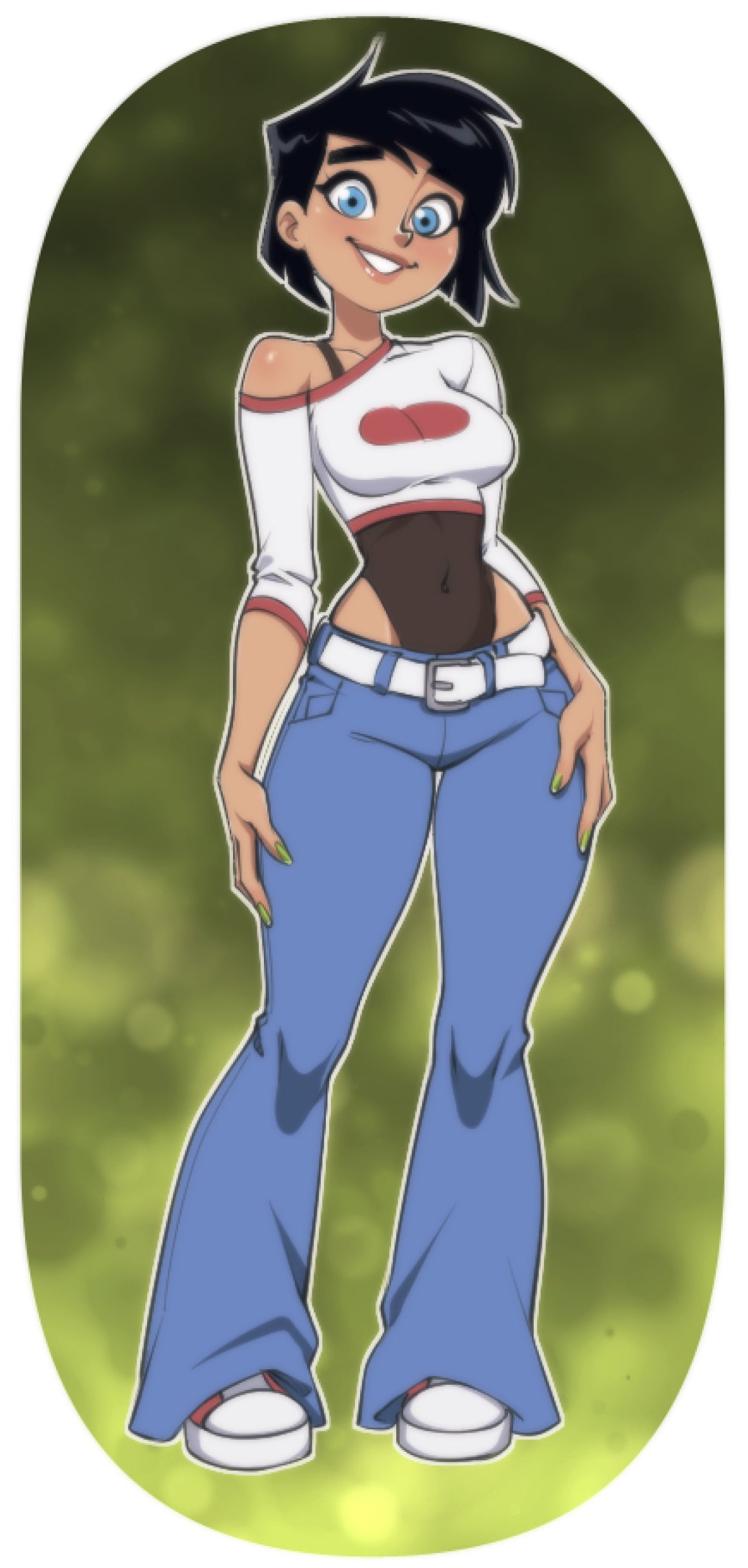 1girl, absurdres, belt, black_hair, blue_eyes, breasts, collarbone, commentary