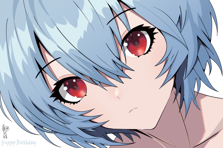 1girl, absurdres, artist_name, ayanami_rei, bare_shoulders, blue_hair, close-up, collarbone
