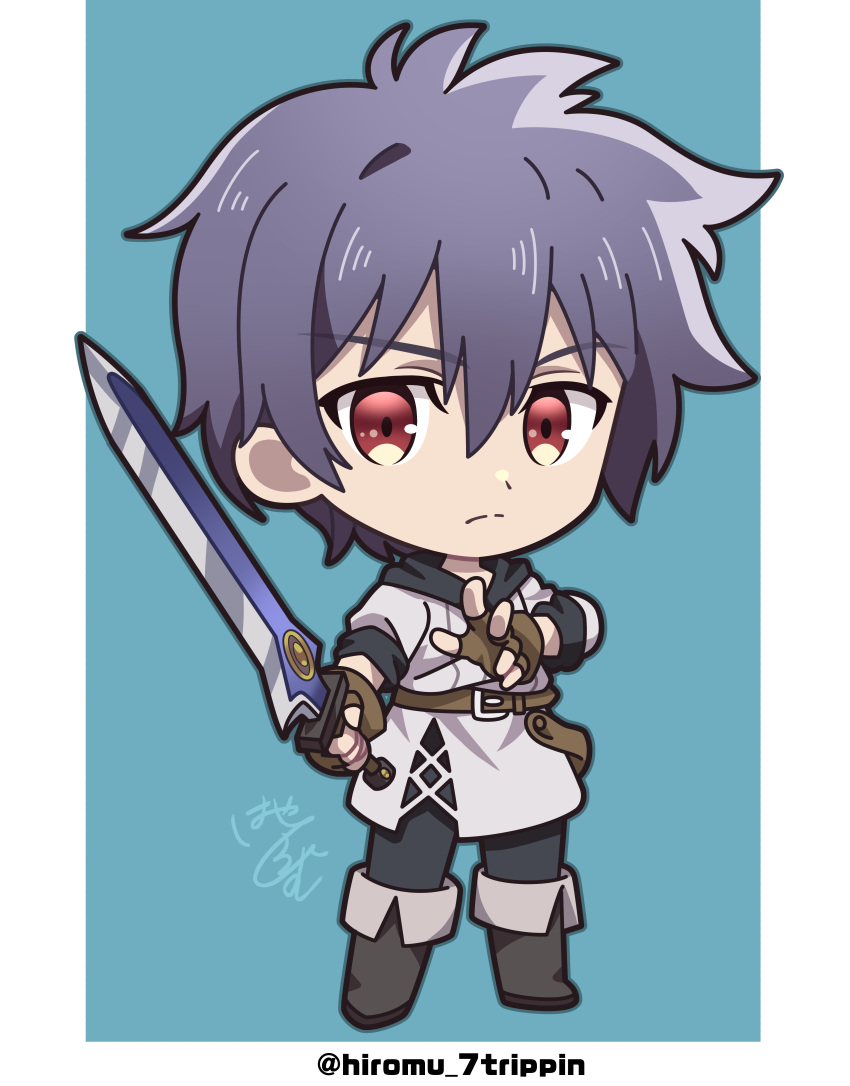 1boy, absurdres, belt, blue_background, boots, brown_belt, brown_gloves, chibi, closed_mouth, commentary, fingerless_gloves, full_body, gloves, hair_between_eyes, hayase_hiromu, highres, holding, holding_sword, holding_weapon, leo_demonheart, light_frown, looking_at_viewer, male_focus, pants, red_eyes, short_sleeves, signature, simple_background, solo, standing, sword, tachi-e, twitter_username, weapon, yuusha_yamemasu