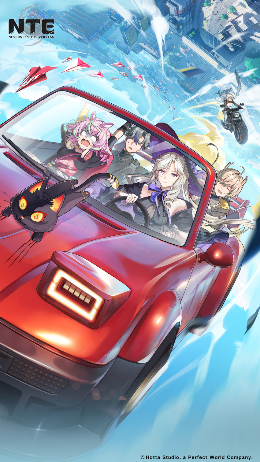 0_0, 2boys, 3girls, absurdres, angel_wings, black_cat, black_gloves, black_hat