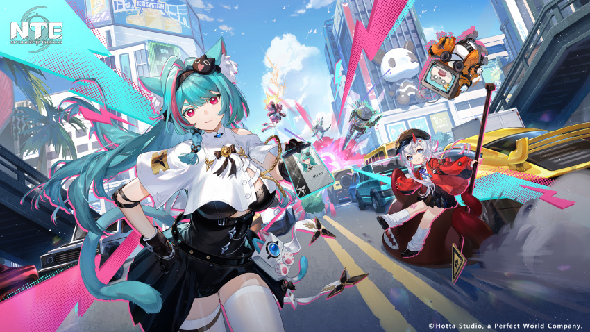 3girls, absurdres, animal_ear_fluff, animal_ears, aqua_hair, black_gloves, black_hat, black_skirt