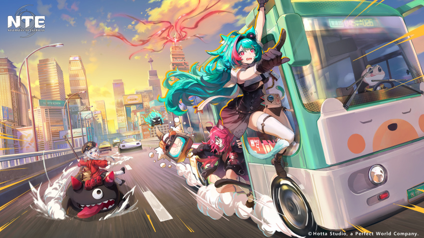 3girls, absurdres, animal_ear_fluff, animal_ear_legwear, animal_ears, aqua_hair, black-framed_eyewear, black_gloves, black_hat, black_jacket, black_skirt, black_unitard, blue_eyes, breasts, cat_ear_legwear, cat_ears, cat_girl, cat_tail, colored_eyelashes, company_name, copyright_logo, copyright_name, cross_in_eye, english_text, glasses, gloves, grey_hair, hair_ornament, hat, highres, horns, jacket, kiroumaru_(nte), large_breasts, logo, looking_at_viewer, mint_(nte), multicolored_hair, multiple_girls, nanally_(nte), neverness_to_everness, official_art, open_mouth, pink_eyes, pink_streaks, red_eyes, red_hair, sakiri_(nte), single_horn, skirt, smile, streaked_hair, tail, taygedo_(nte), tiered_skirt, tiger_ears, tiger_girl, tiger_tail
