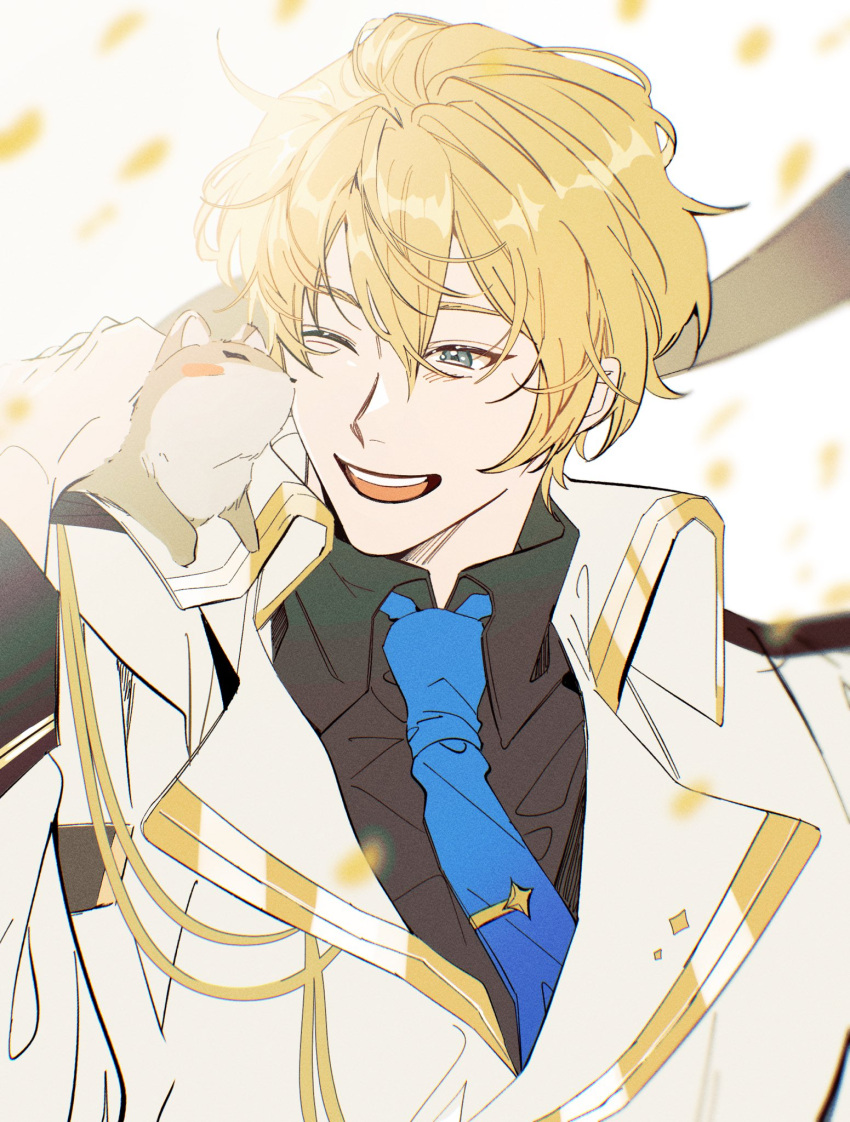 1boy, :d, ;d, animal_on_shoulder, black_shirt, blonde_hair, blue_necktie, coat