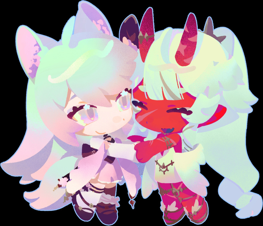 2girls, akumi_(yoclesh), angel, angel_wings, animal_ears, blue_hair, blue_tail, chibi
