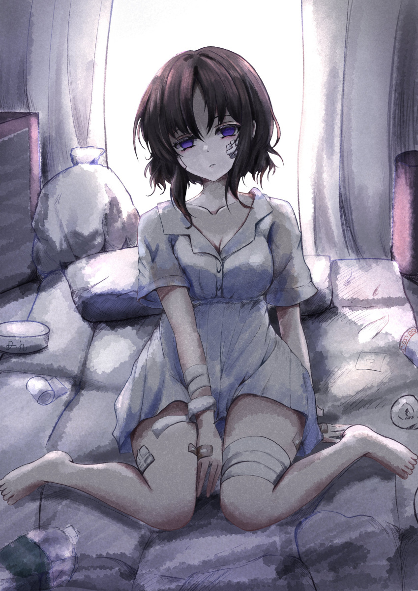 1girl, absurdres, bandaged_arm, bandaged_leg, bandages, bandaid, bandaid_on_face, bandaid_on_leg