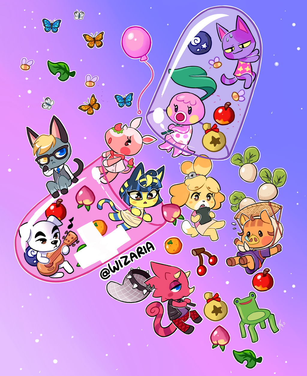 4boys, 5girls, animal_crossing, ankha_(animal_crossing), apple, artist_name, bee, bob_(animal_crossing)
