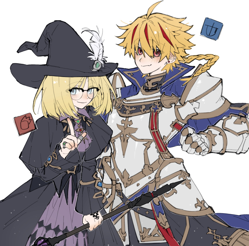 1boy, 1girl, absurdres, ahoge, aqua_eyes, armor, black_capelet, black_hat