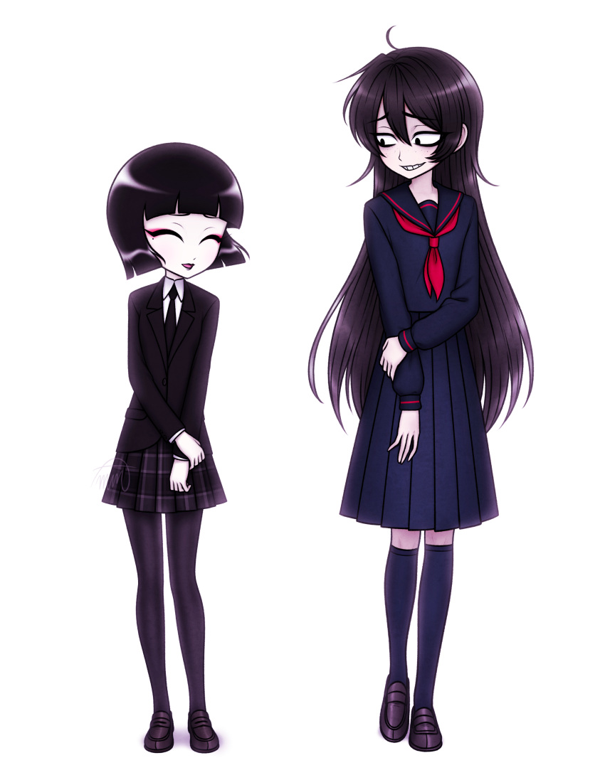 2girls, absurdres, ahoge, awa_nana, black_lips, black_necktie, black_pantyhose, black_serafuku