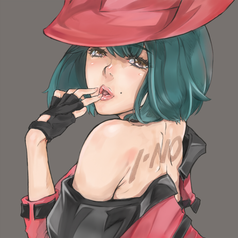 1girl, bare_shoulders, bob_cut, brown_eyes, cowboy_hat, face, finger_to_mouth, from_behind