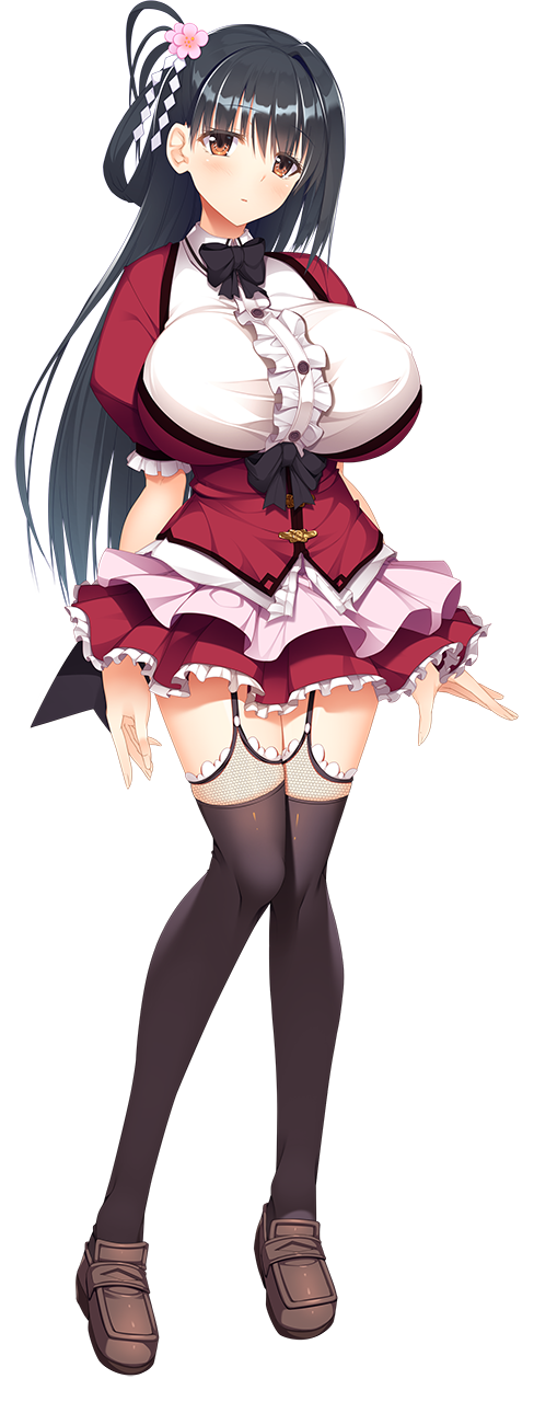 1girl, black_hair, blush, breasts, brown_eyes, flower, full_body, garter_belt