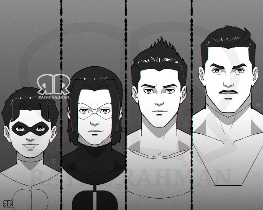 1boy, age_progression, artist_logo, artist_name, black_hair, bodysuit, domino_mask, eye_mask