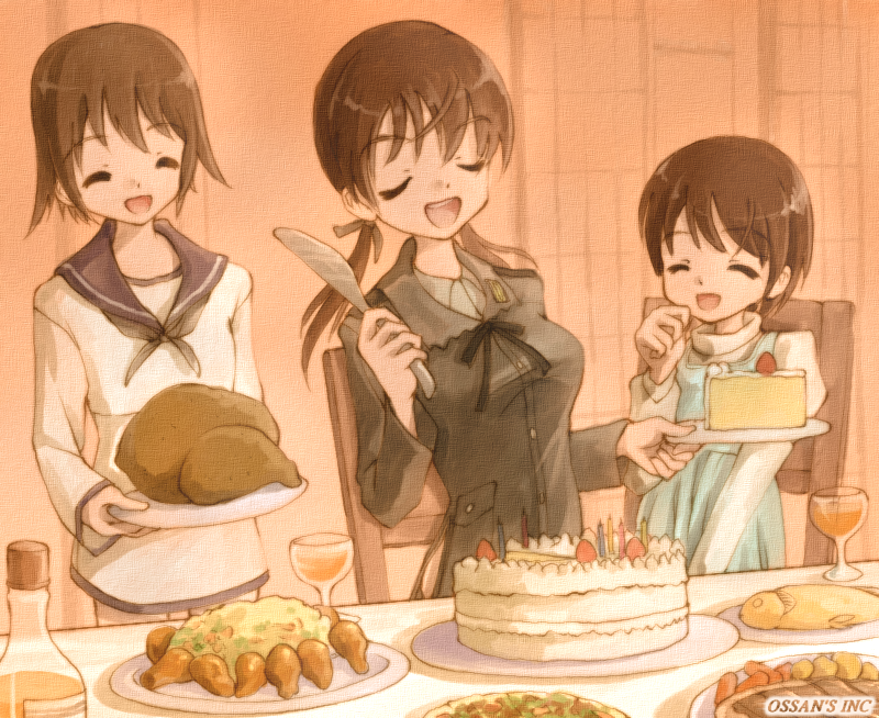 brown_hair, cake, chris_barkhorn, christiane_barkhorn, closed_eyes, dr_rex, eyes_closed, food
