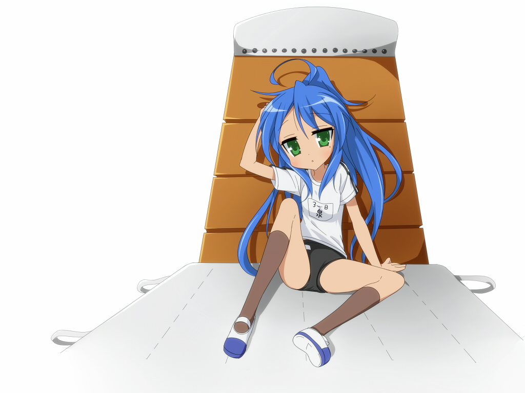 blue_hair, buruma, green_eyes, gym_uniform, izumi_konata, komo_egg, long_hair, lucky_star