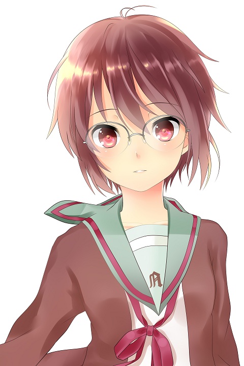 bad_id, brown_eyes, brown_hair, cardigan, dai_(uhyoko1102151), glasses, nagato_yuki, purple_eyes