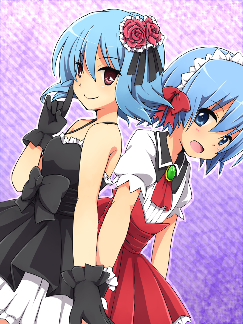 back-to-back, blue_eyes, blue_hair, crossdressinging, dress, gloves, hayate_no_gotoku!, red_eyes