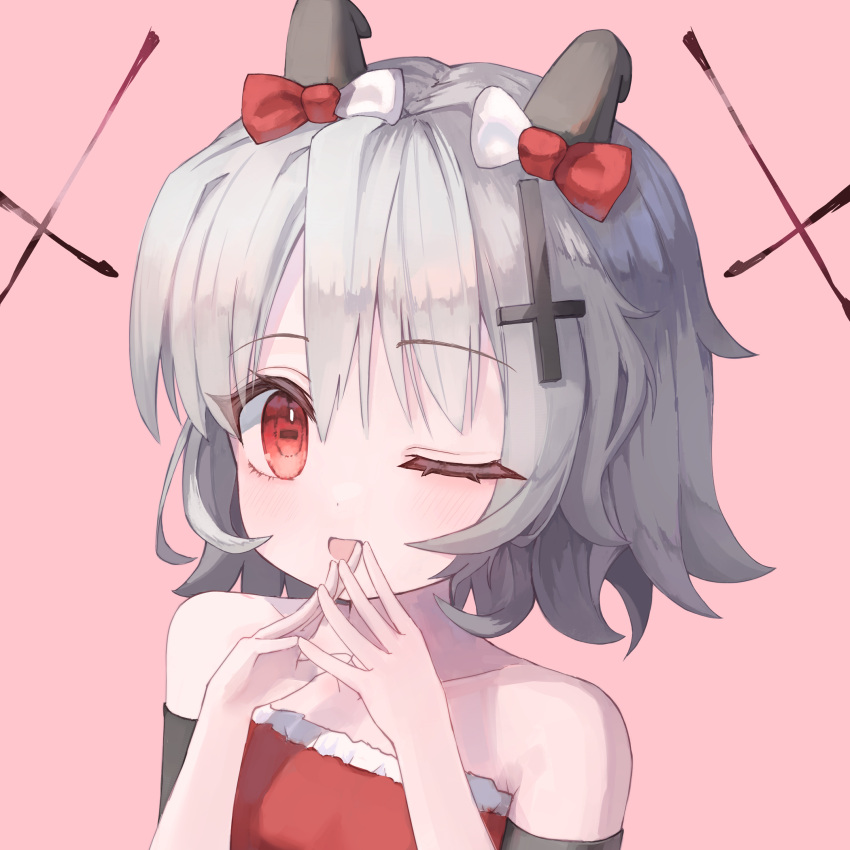1girl, :d, ;d, absurdres, akuma_(tententengokujigokugoku), bare_shoulders, black_horns, bob_cut