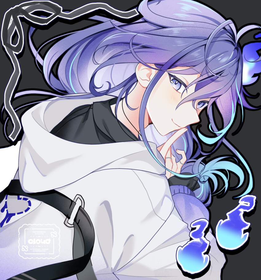 1boy, androgynous, black_background, blue_hair, blue_streaks, commentary, finger_to_mouth, from_behind