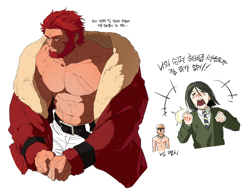 3boys, abs, beard, coat, command_spell, commentary_request, dark-skinned_male, dark_skin