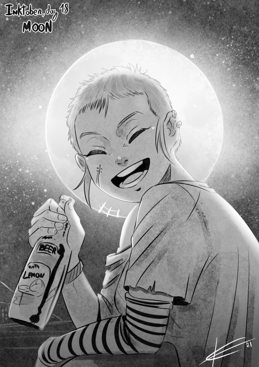 +++, 1girl, beer_bottle, bottle, closed_eyes, commentary, dated, ear_piercing
