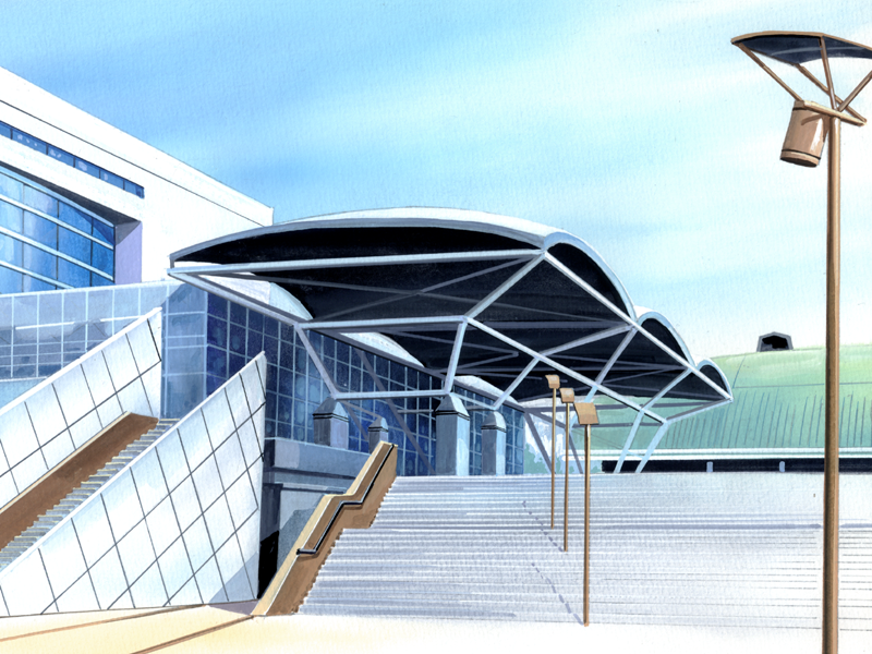 bench, blue_sky, building, clouds, day, fence, game_asset, grass