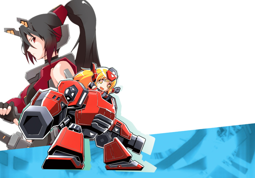 black_hair, blonde_hair, cosmic_break, crimrose_dx, gradient_hair, katana, mecha, mecha_musume